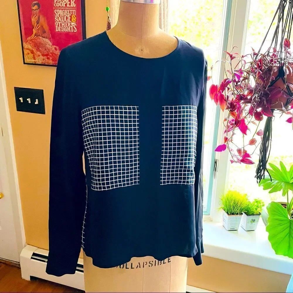 THEORY | navy blue & white square pattern silk blouse S